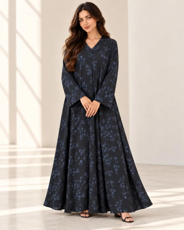 كافالي عباية أنيقة واسعة بنقشة ورود مع طرحة مطابقة | ABAYA-9850