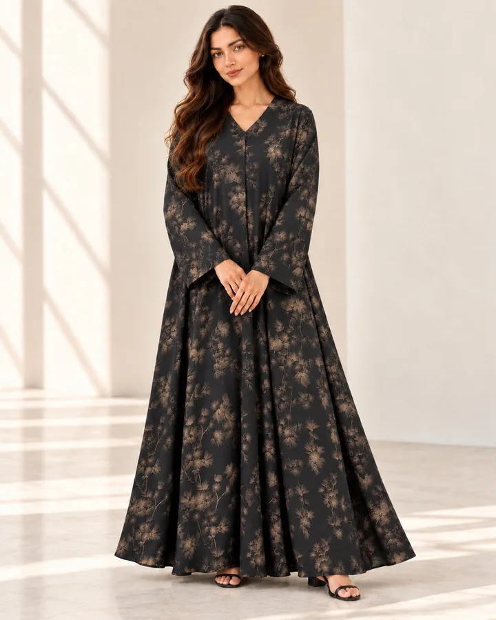 كافالي عباية أنيقة واسعة بنقشة ورود مع طرحة مطابقة | ABAYA-9850