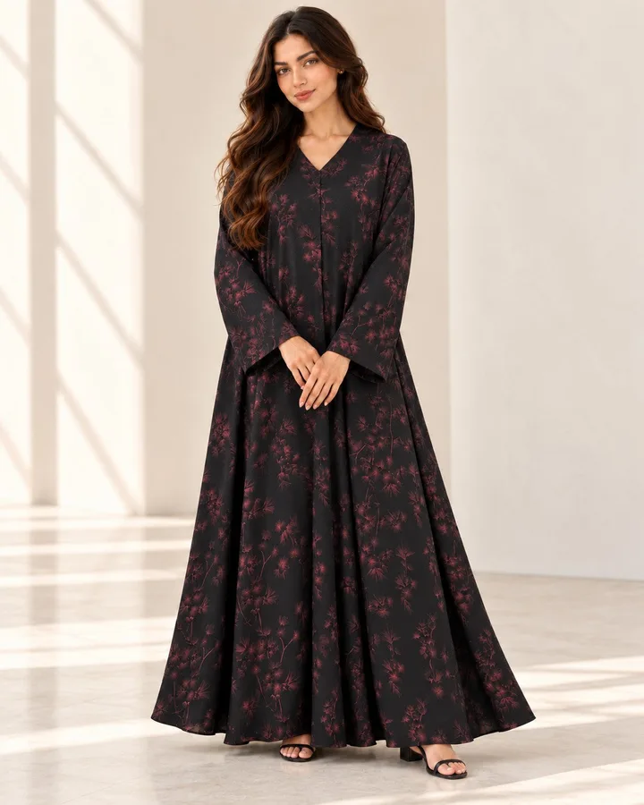 كافالي عباية أنيقة واسعة بنقشة ورود مع طرحة مطابقة | ABAYA-9850
